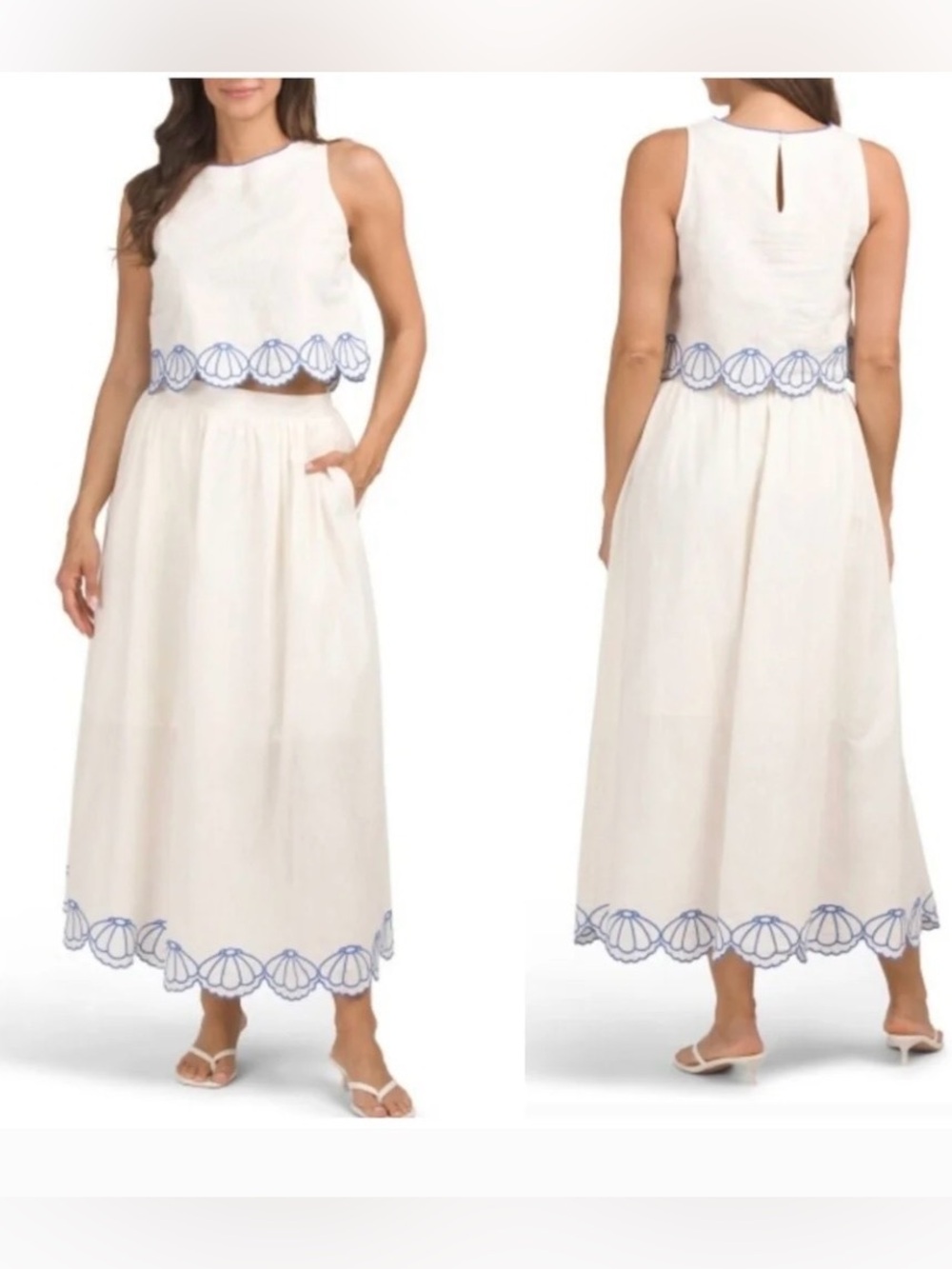 Calypso St. Barth White Maxi Skirt with Blue Embroidered Hem